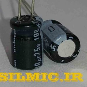 خازن الکترولیتی 100 میکرو فاراد 25 ولت نیچیکون سری RS(M) با ابعاد کوچک