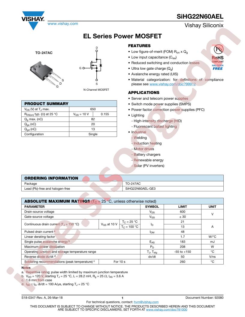 SIHG22N60AEL