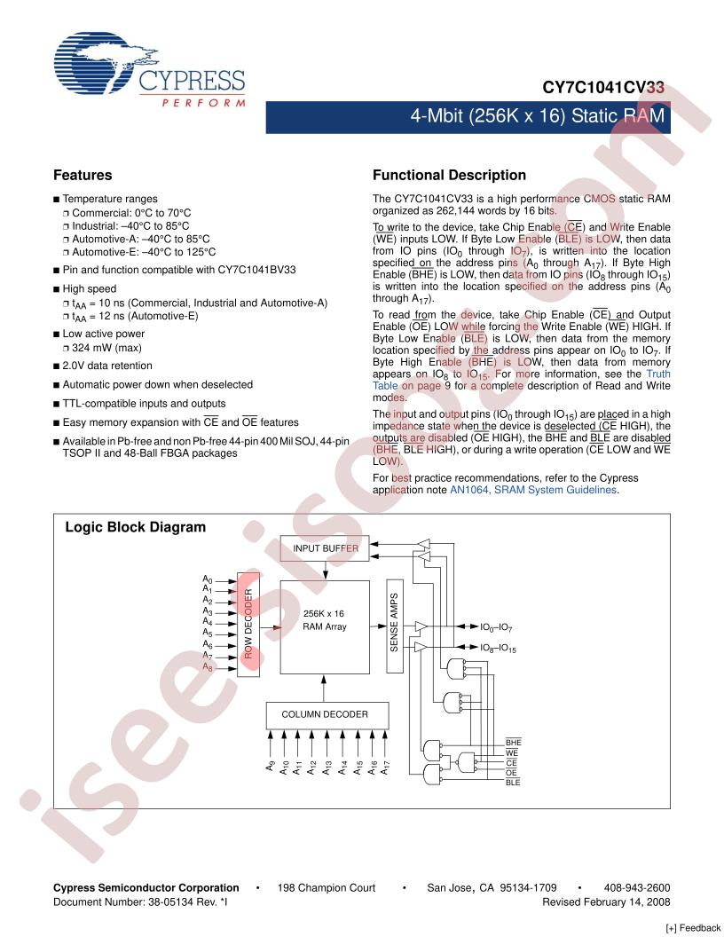 CY7C1041CV33-12ZI