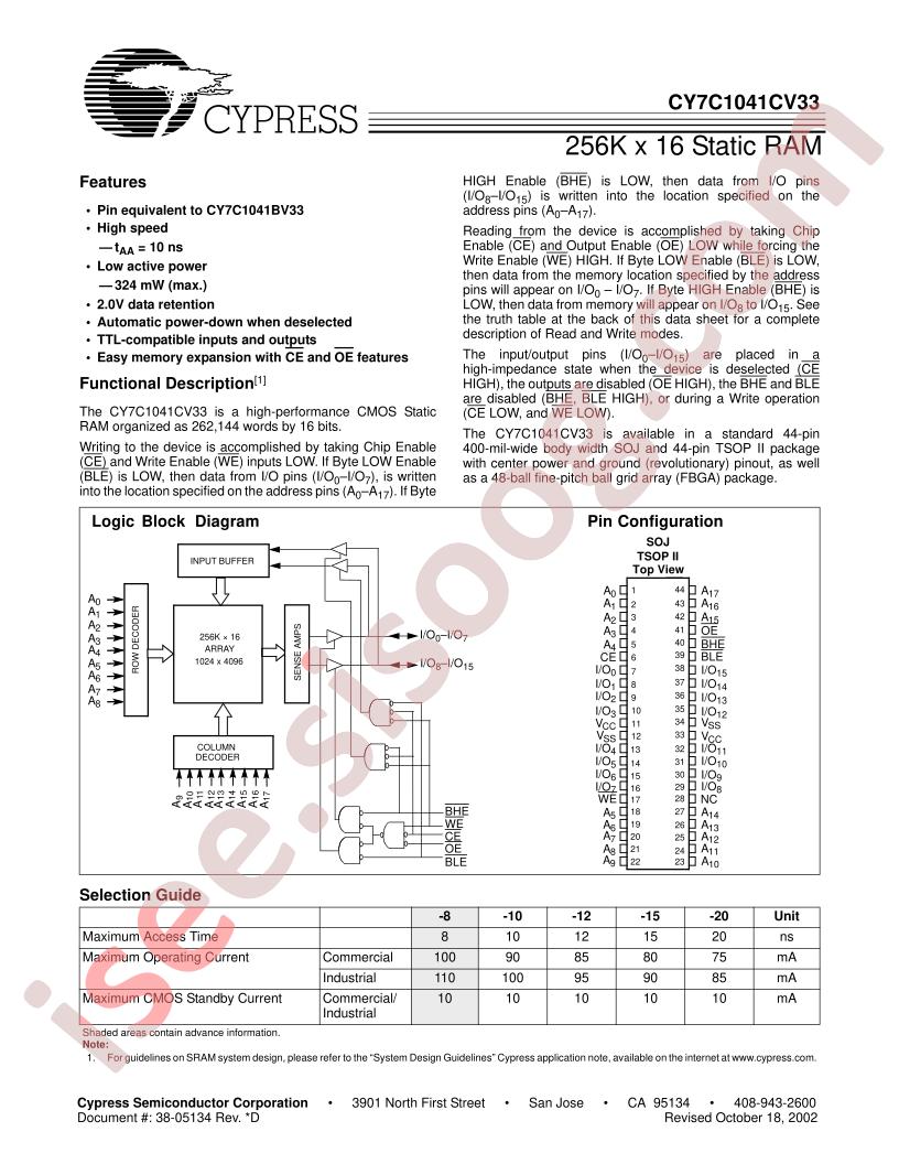 CY7C1041CV33-12VC