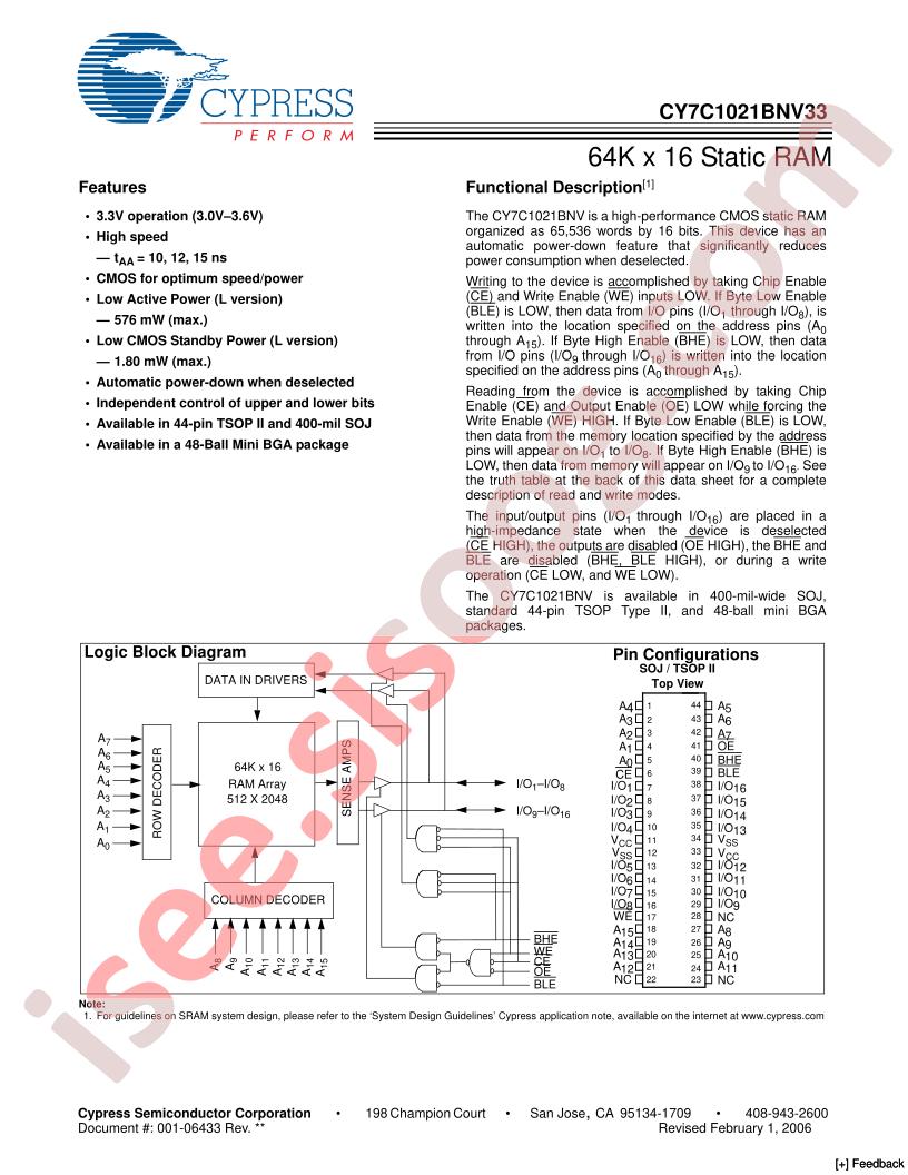 CY7C1021BNV33L-10VXC