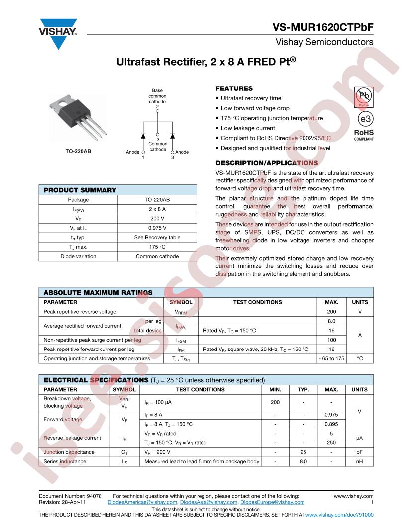 MUR1620CTPBF