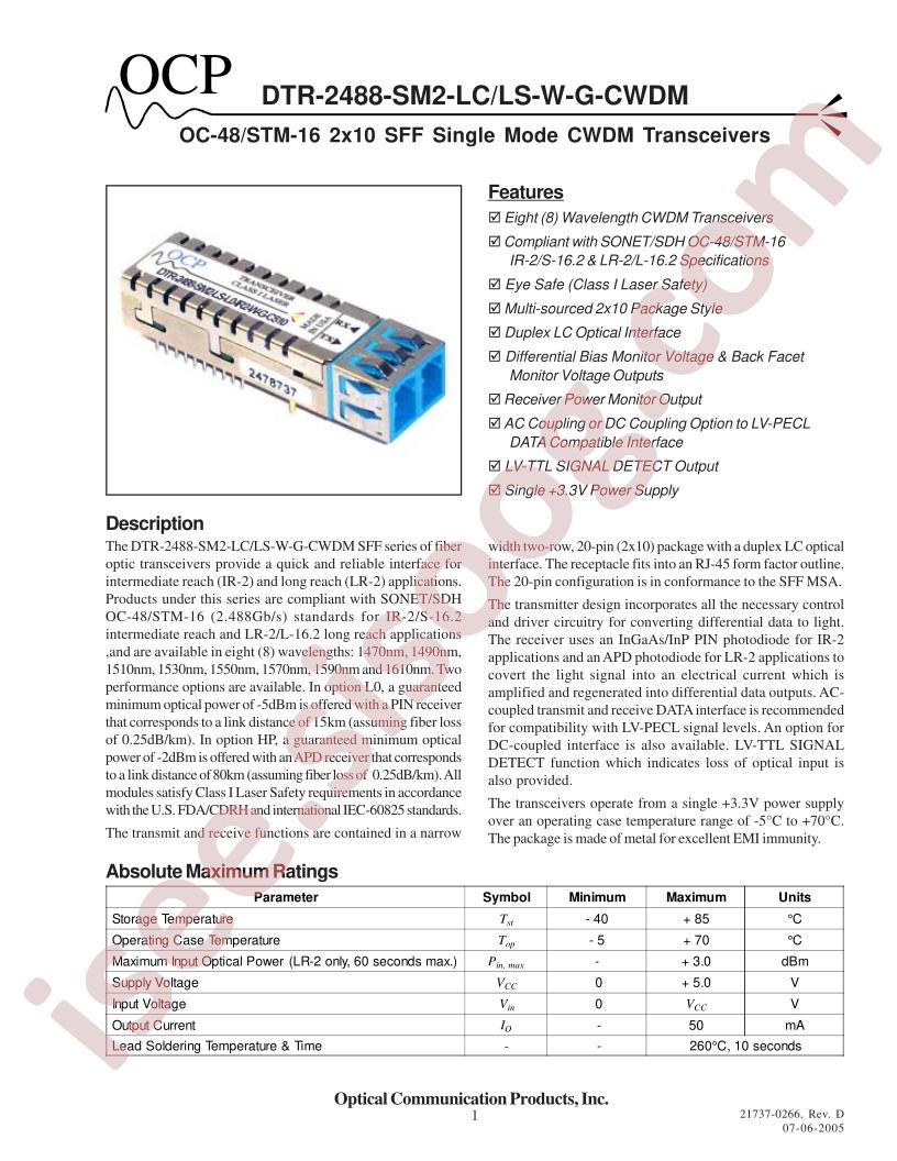 DTR-2488-SM2-LC-W-G-CWDM