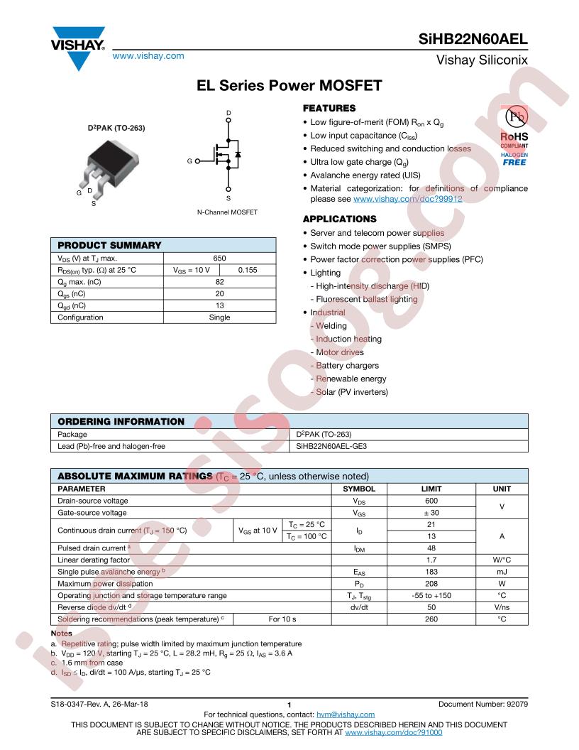 SIHB22N60AEL-GE3