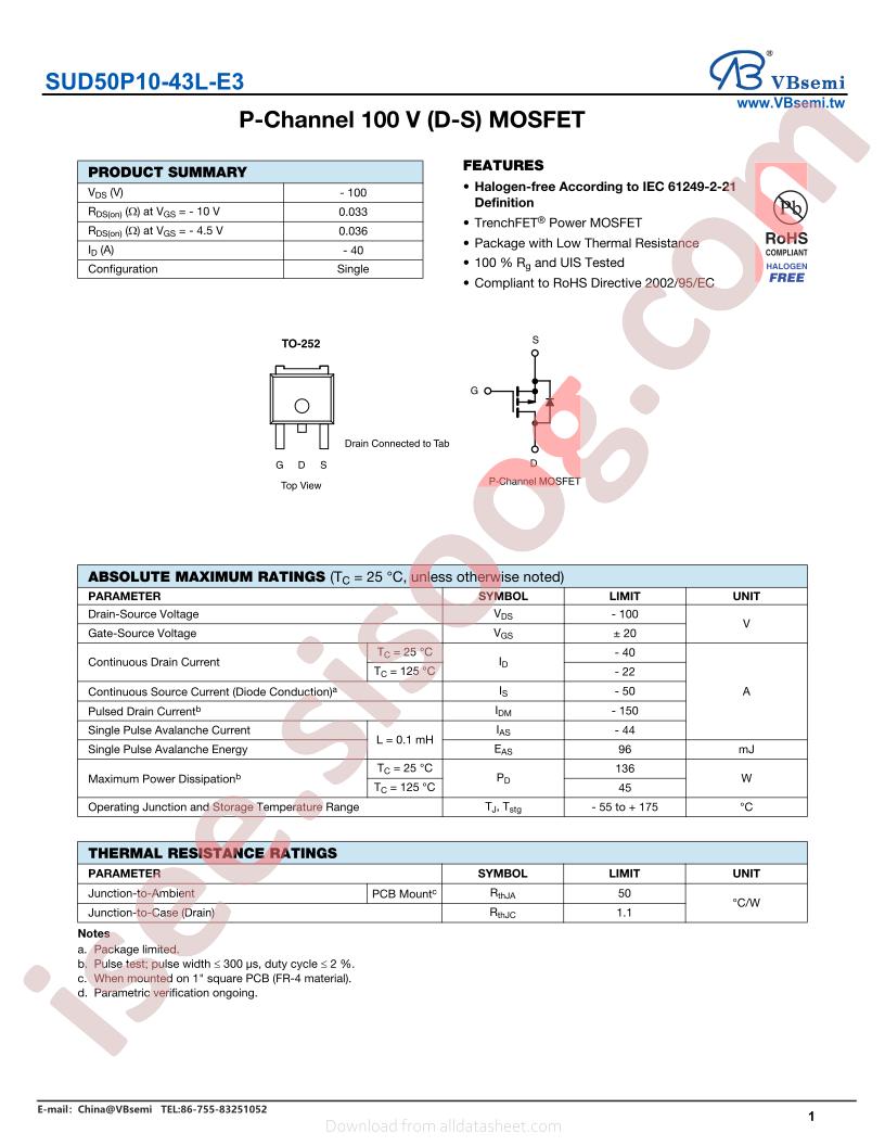 SUD50P10-43L-E3