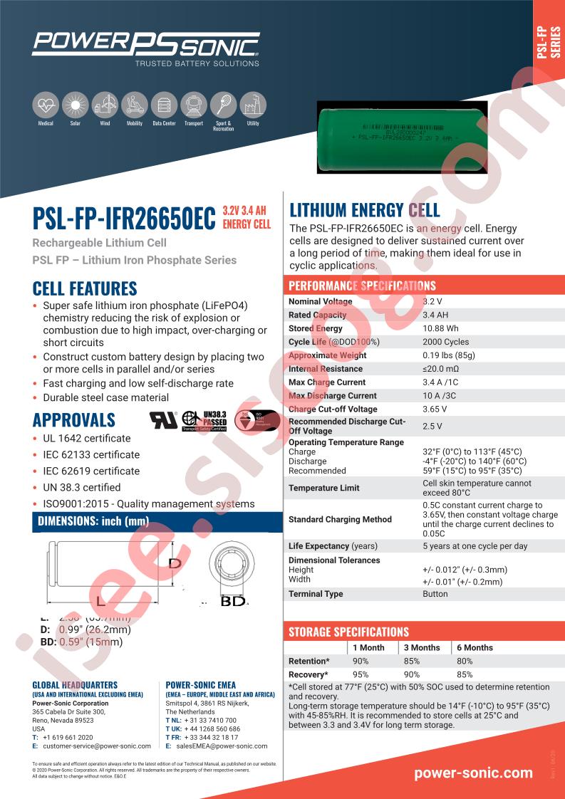PSL-FP-IFR26650EC