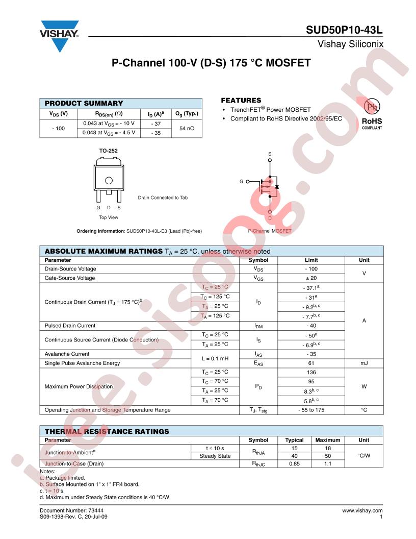 SUD50P10-43L