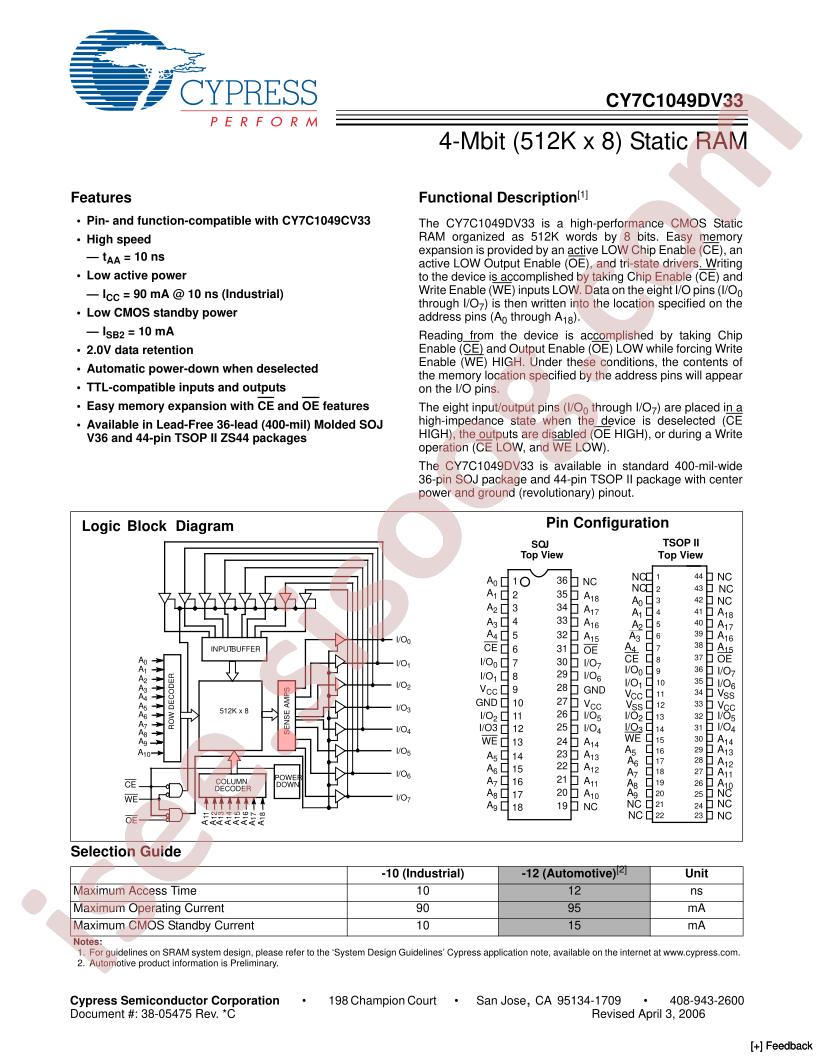 CY7C1049DV33-10VXI