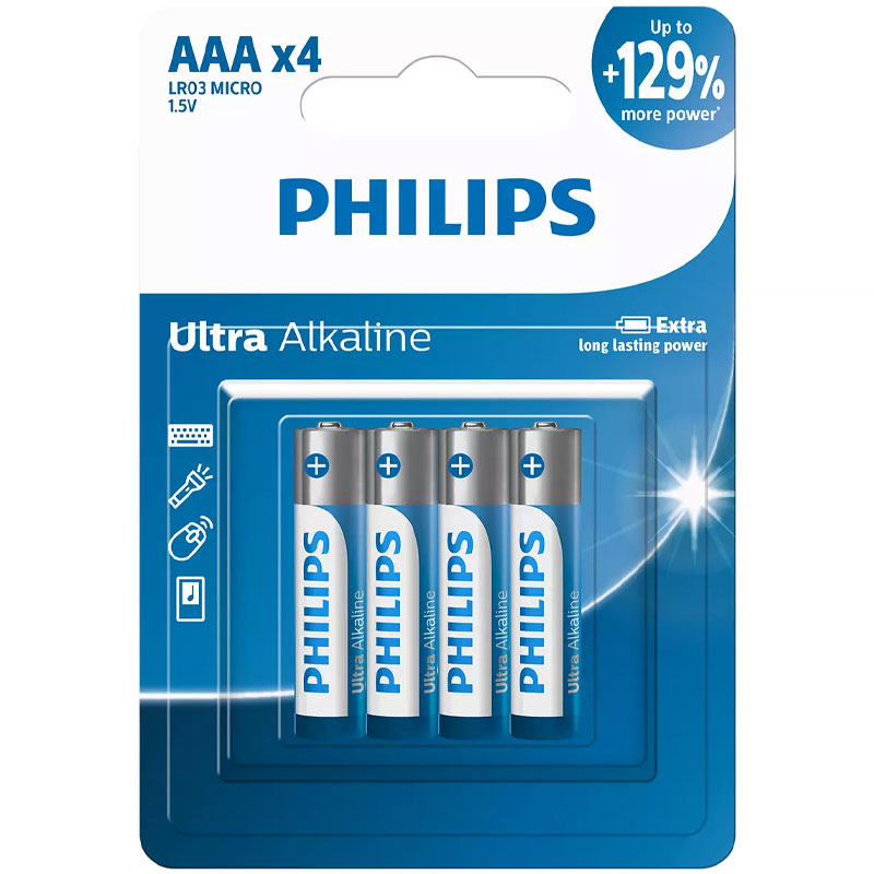 باتری نیم قلمی Ultra alkaline -فیلیپس 4 تایی کارتی