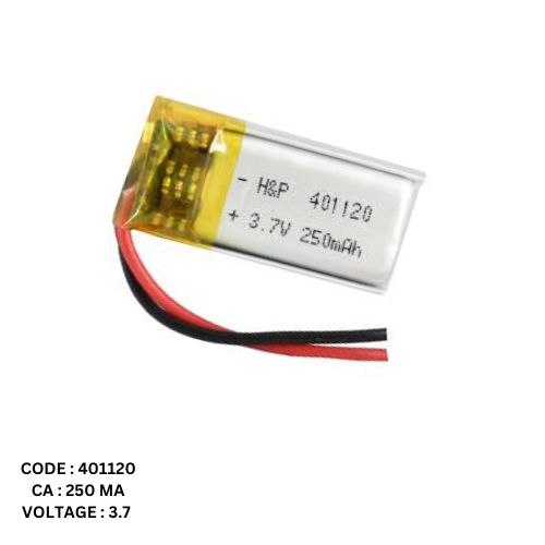 باتری لیتیوم – پلیمر3/7 ولت 250 میلی آمپر کد 401120