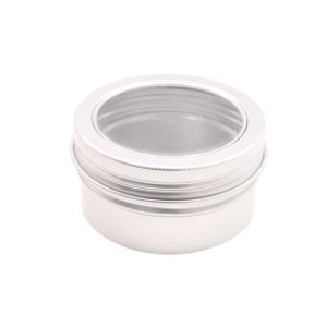 قوطی فلزی نقره ای با درب شیشه ای 30ml سایز 52x20mm