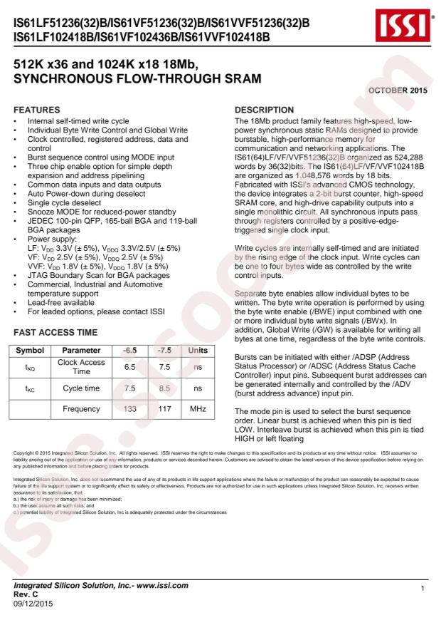 IS61LF102418B-7.5TQLI
