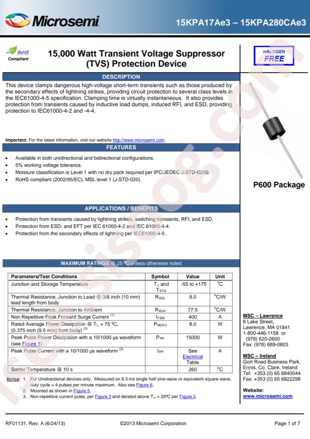 MICROCHIP 15KPA260CAE3/TR13
