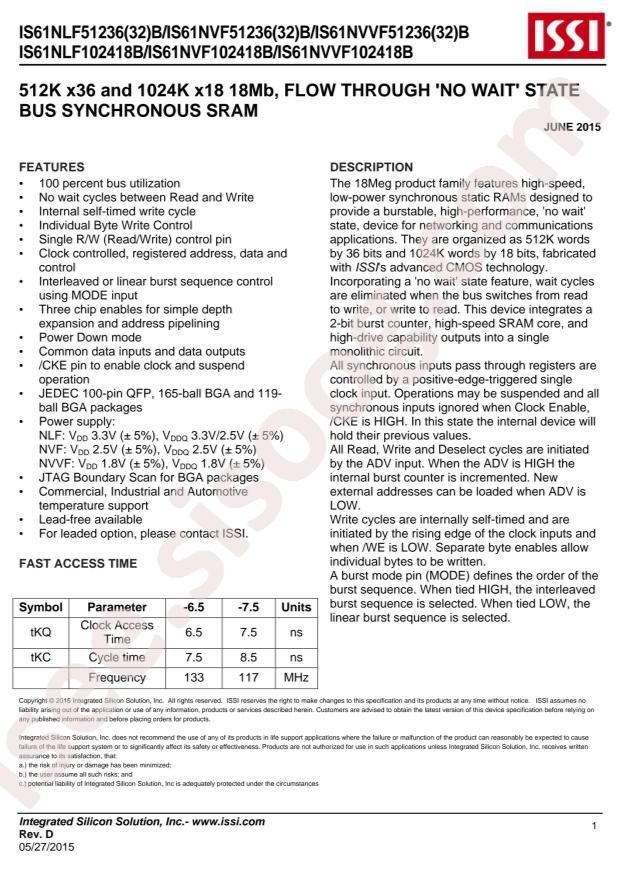 IS61NLF102418B-7.5TQLI-TR
