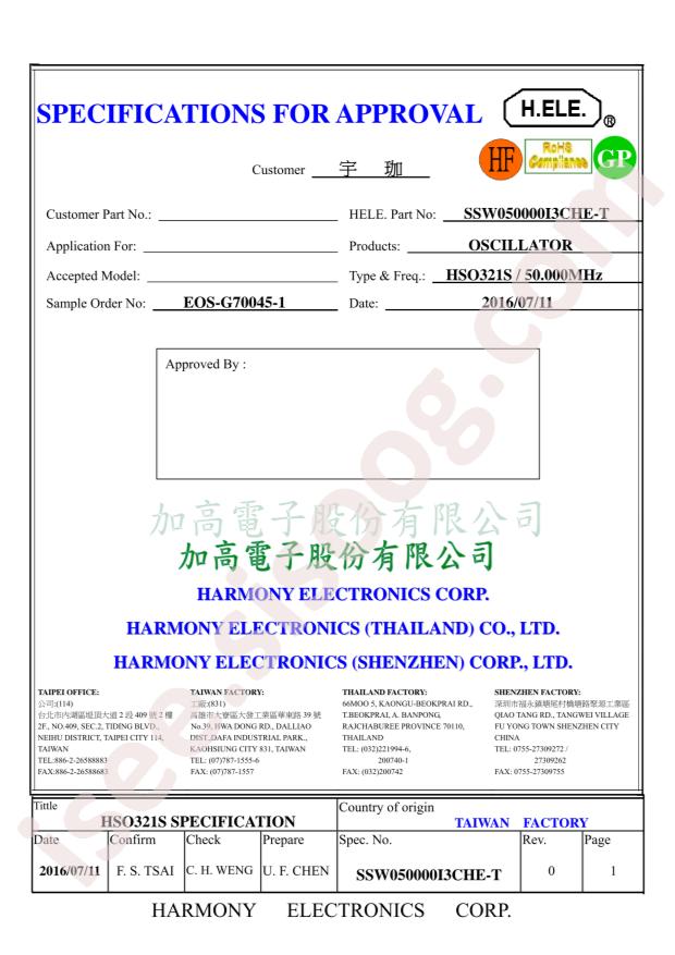 HSO321S 50MHZ 3.3V 50PPM -40~+85°C