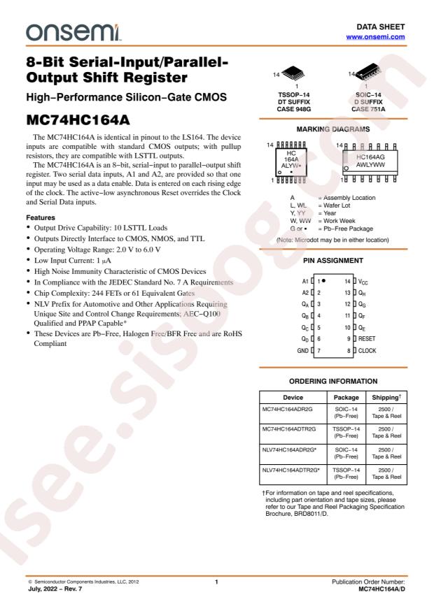 NLV74HC164ADR2G