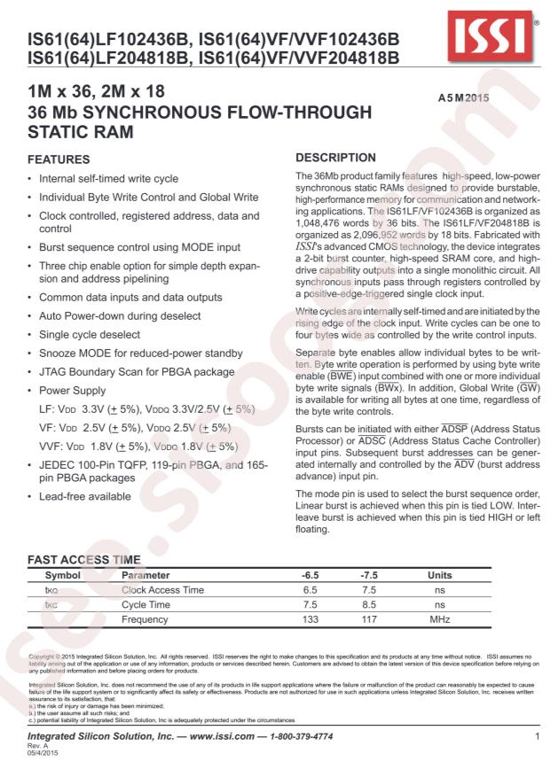 IS64LF102436B-7.5TQLA3-TR