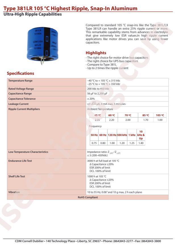 Cornell Dubilier Electronics 381LR561M200J022