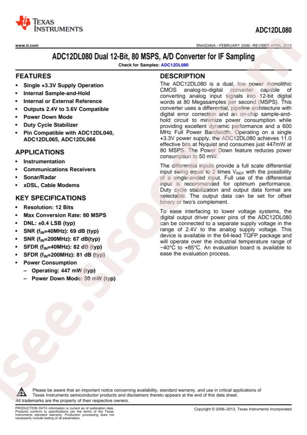 ADC12DL080CIVS/NOPB