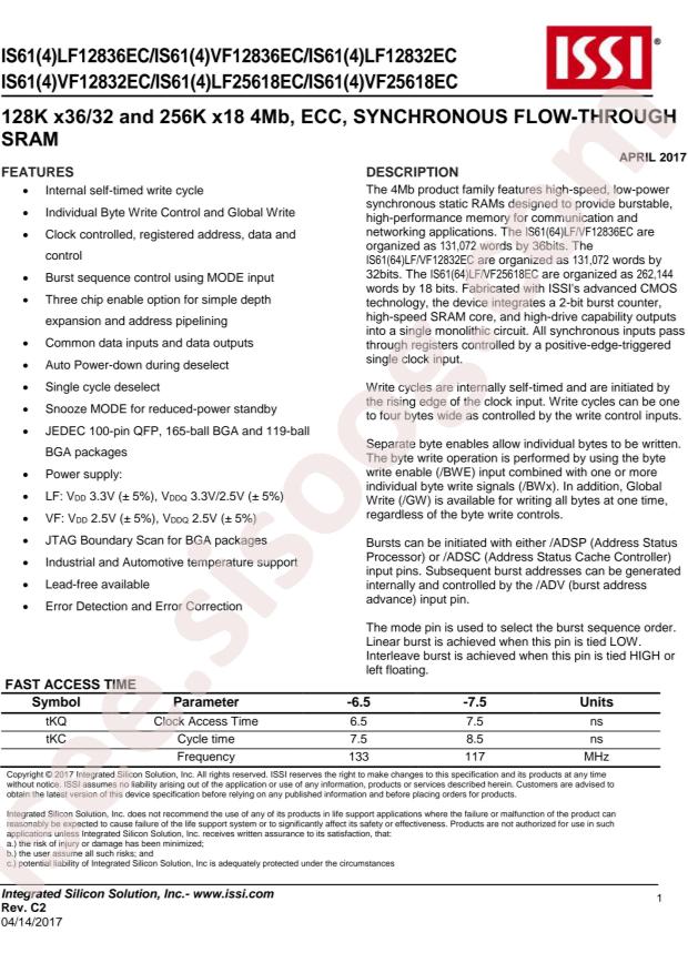 IS61LF12836EC-7.5TQLI