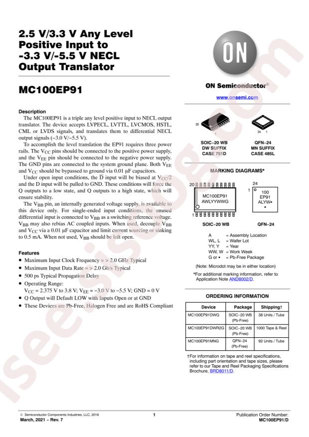 MC100EP91DWR2G