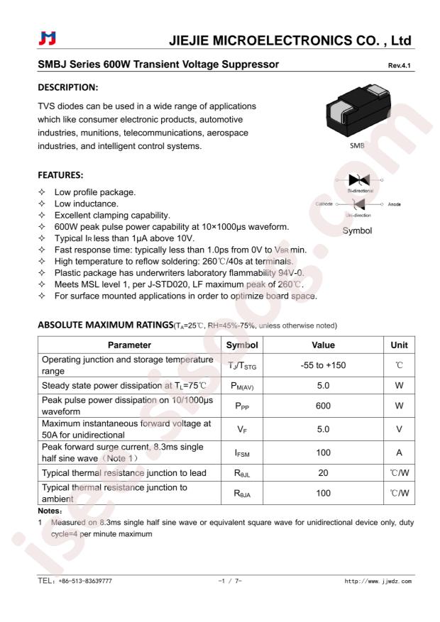 Jiangsu JieJie Microelectronics SMBJ15CA