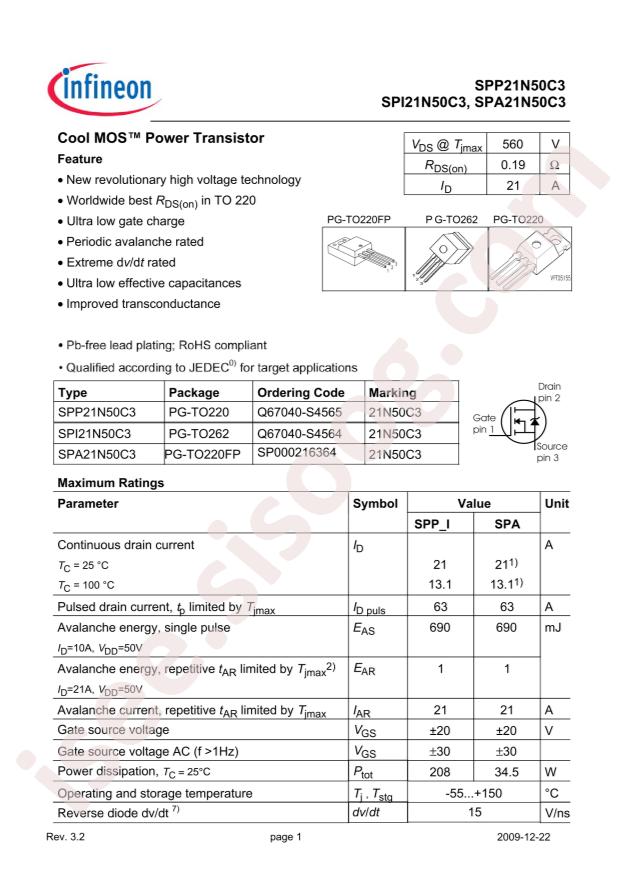 SPP21N50C3