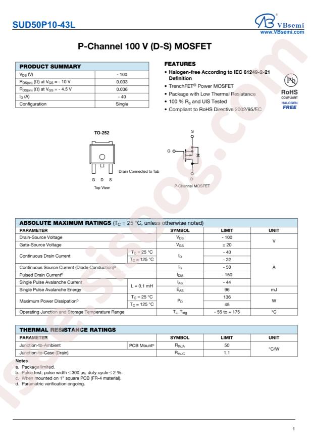 SUD50P10-43L-VB