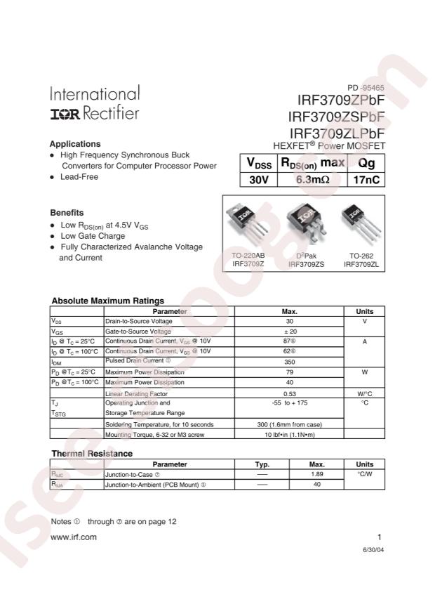IRF3709ZSTRRPBF