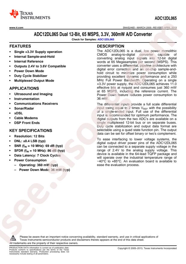 ADC12DL065CIVS/NOPB