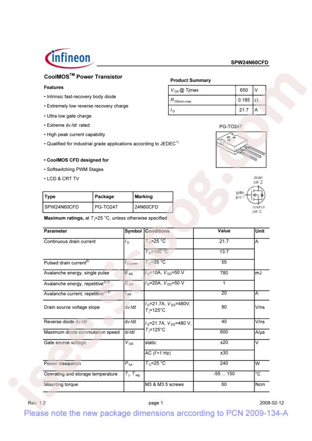 Infineon SPW24N60CFD
