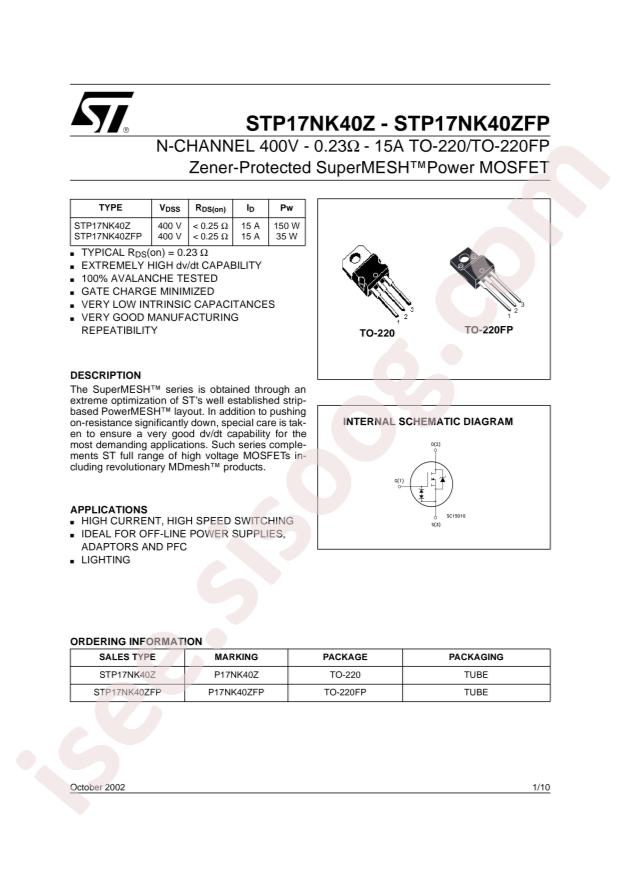 STP17NK40ZFP