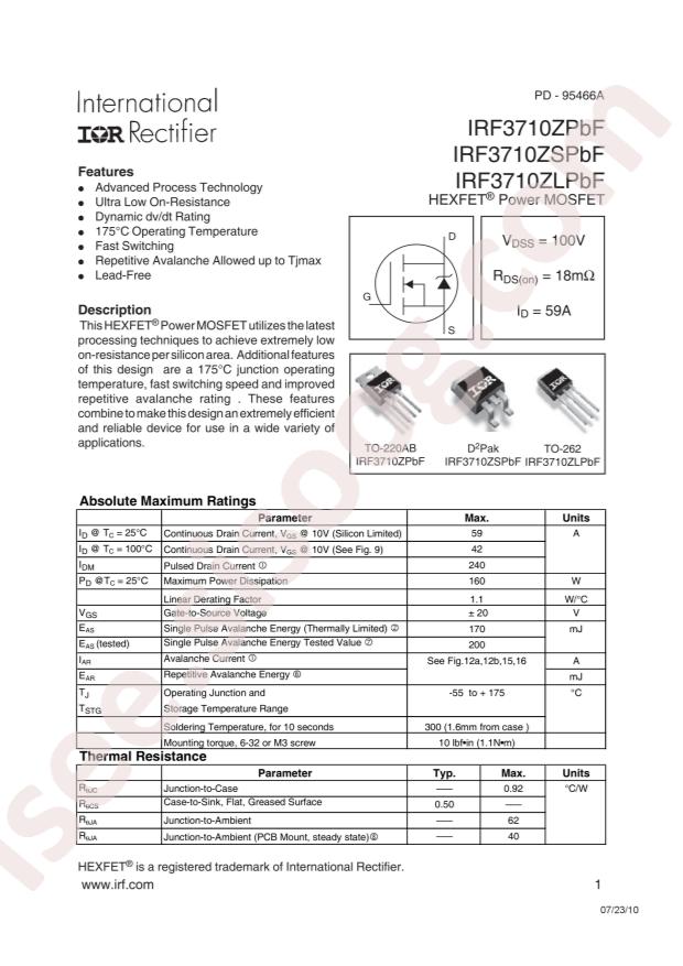 Infineon IRF3710ZSPBF