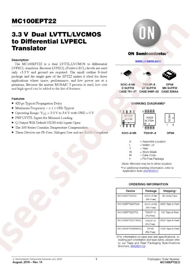 MC100EPT22DR2G