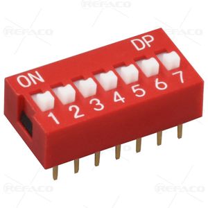 دیپ سوئیچ 7کلید صاف قرمز REFACO DIP SWITCH 7KEY 14PIN PIN STRAIGHT RED KF1001-07P-R0GS-DP