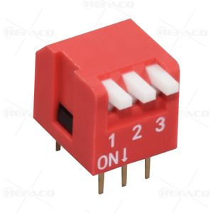 دیپ سوئیچ 3کلید نود درجه قرمز REFACO DIP SWITCH 3KEY 6PIN R/A RED KF1002-03P-R3FLG-ON