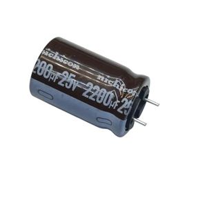 خازن الکترولیتی 2200 میکرو فاراد 25 ولت NICHICON سری PW پایه کوتاه اصل ژاپن