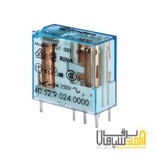 رله Finder فیندر 110VDC دو کنتاکت 8 آمپر نصب بر مدار چاپی و سوکت 95 مدل 405291100000