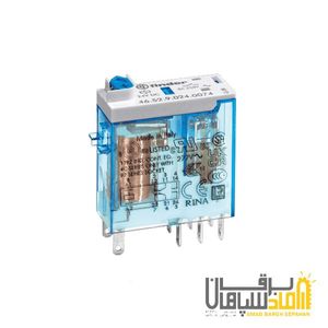 رله Finder فیندر 24VDC دو کنتاکت 8 آمپر نصب بر مدار چاپی و سوکت 97 مدل 465290240074