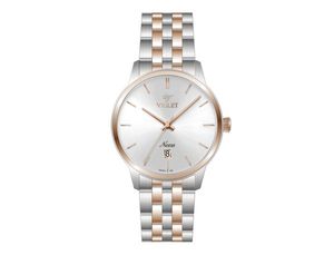 ساعت مچی ویولت، مردانه تک موتوره،گرد فلزی،دورنگ استیل رزگلد،صفحه نقره ای،