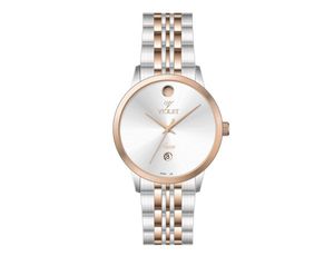 ساعت مچی ویولت، مردانه تک موتوره،گرد فلزی،دورنگ استیل رزگلد،صفحه نقره ای،