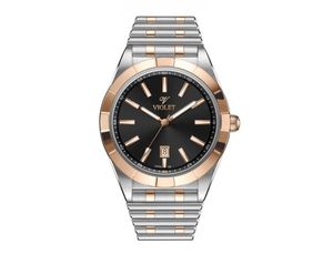 ساعت مچی ویولت، زنانه تک موتوره،گرد فلزی،دو رنگ استیل طلایی،صفحه نقره ای