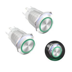کلید شستی استیل سبز LED دار قطر 12V/24V - 19mm