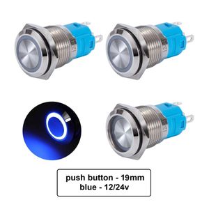 کلید شستی استیل آبی LED دار قطر 12V/24V - 19mm