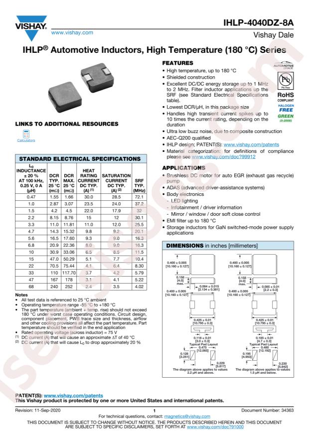 Vishay Intertech IHLP4040DZER1R0M8A
