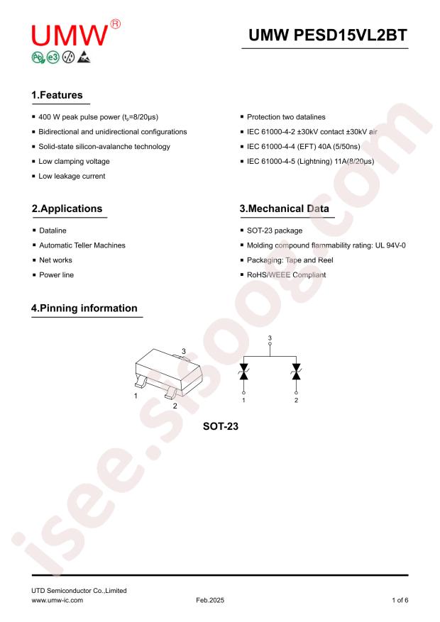 UMW(Youtai Semiconductor Co., Ltd.) PESD15VL2BT