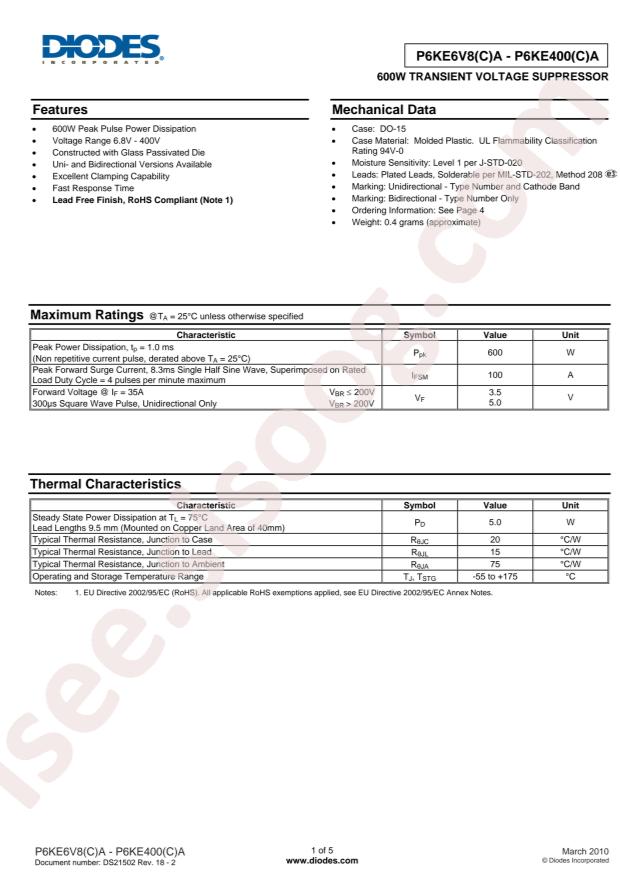 Diodes Incorporated P6KE400CA-T