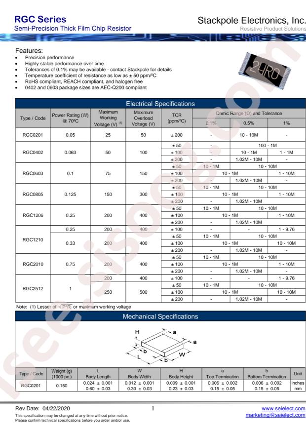 SEI(Stackpole Electronics Inc.) RGC0805DTD115K