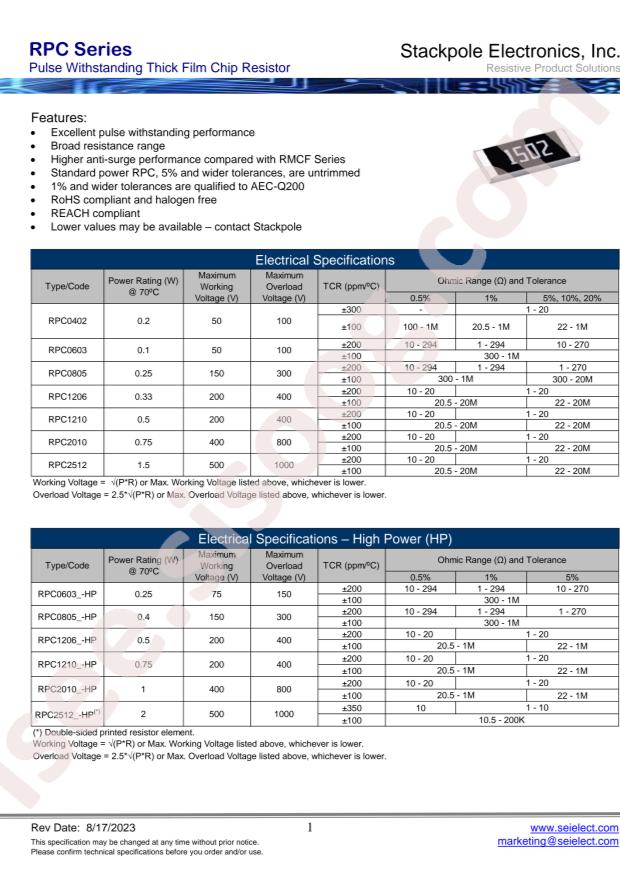 SEI(Stackpole Electronics Inc.) RPC1206FT120R-HP