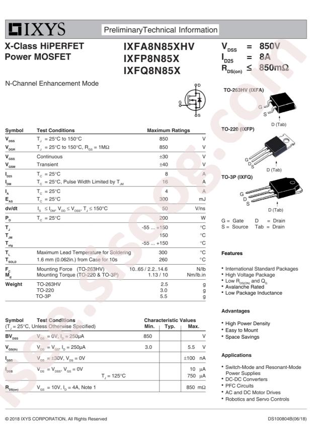 Littelfuse/IXYS IXFP8N85X